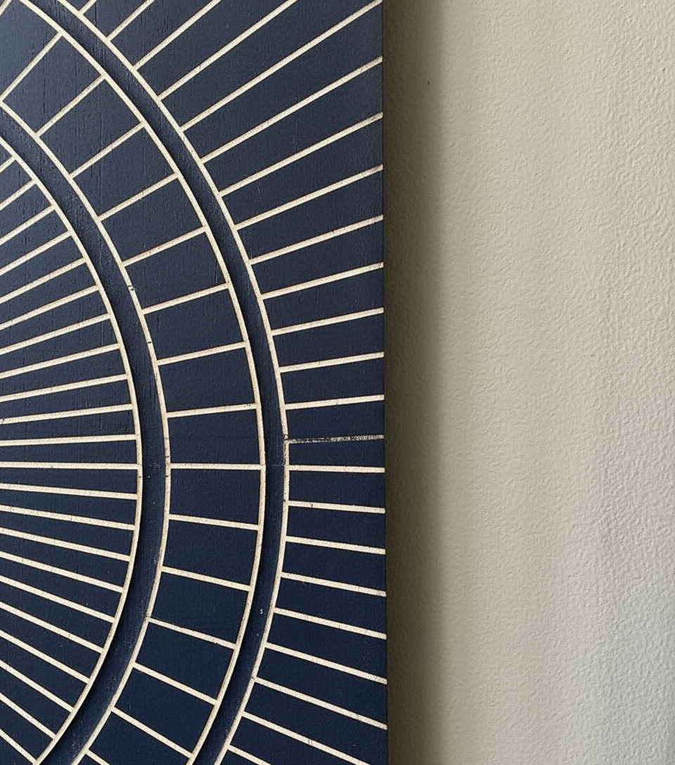 Hand-Carved Wood Line Art: Geometric Wall Hanging - Black & Gold