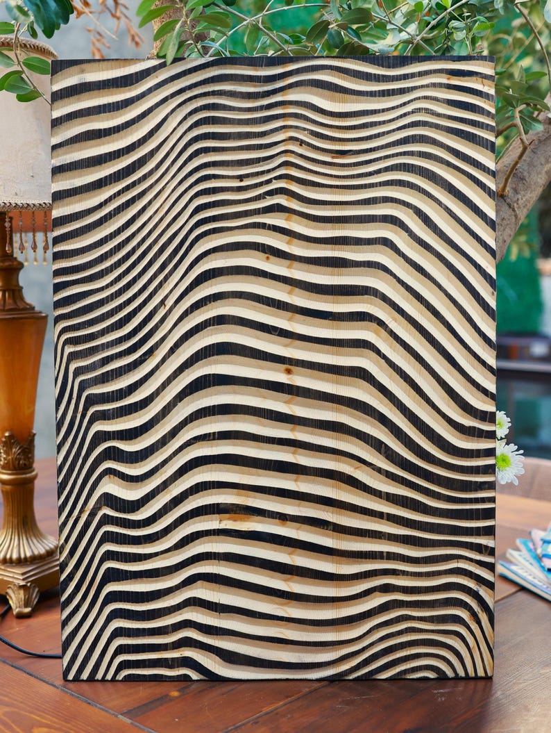 3D Carved Wood Wall Art: Abstract Line Design