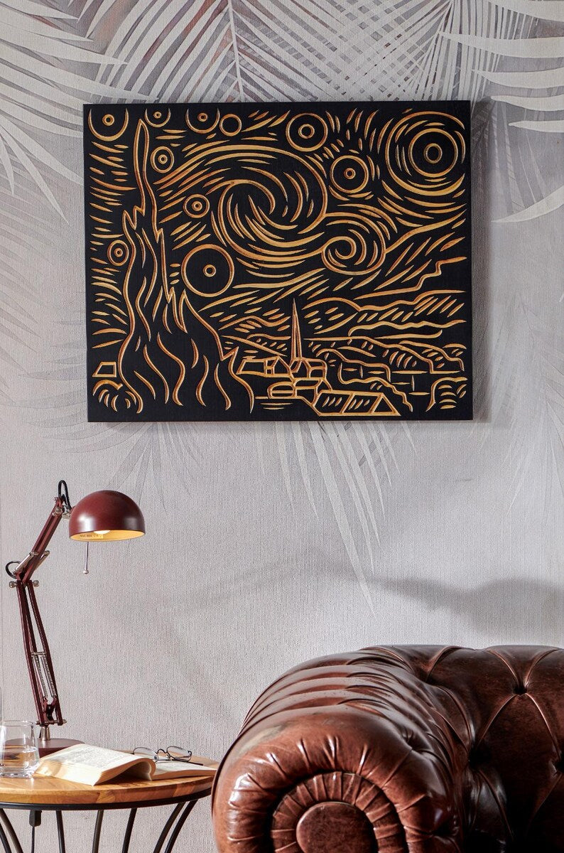3D Starry Night Wood Wall Art: Hand-Carved Van Gogh Inspired Decor
