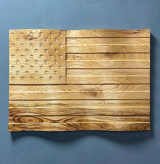 3D Carved Chestnut Wood American Flag Wall Art