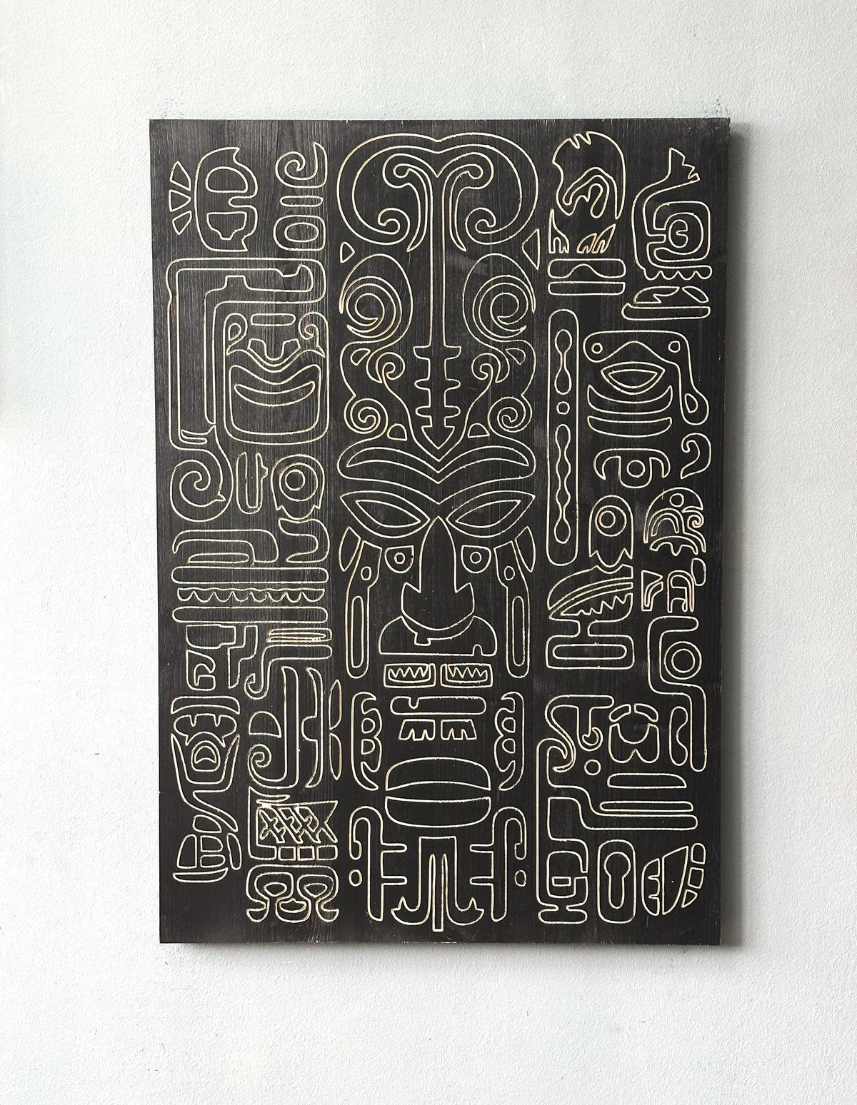 Minimalist Antique Aztec Design Carving on Wood, Wall Decor, Boho Wall Art