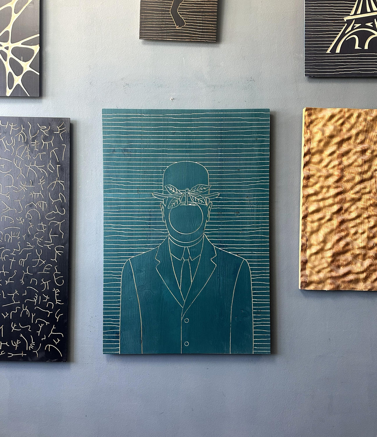 The Son of Man, Wooden Wall Art – CNC Carved Panel, Hand-Oiled Wood Artwork, Minimalist Surreal Decor