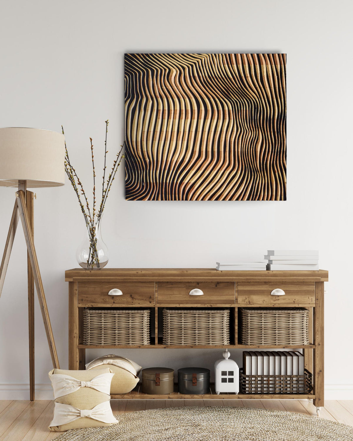 Sculptural 3D Carved Abstract Wall Art – Wooden Line Design - Wood Wall Hanging Decor