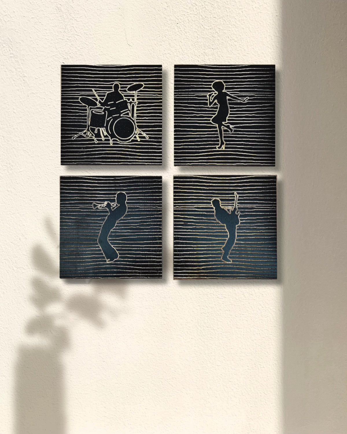 Music Band Line Art - 4 Piece Hand Carved Wood Wall Decor