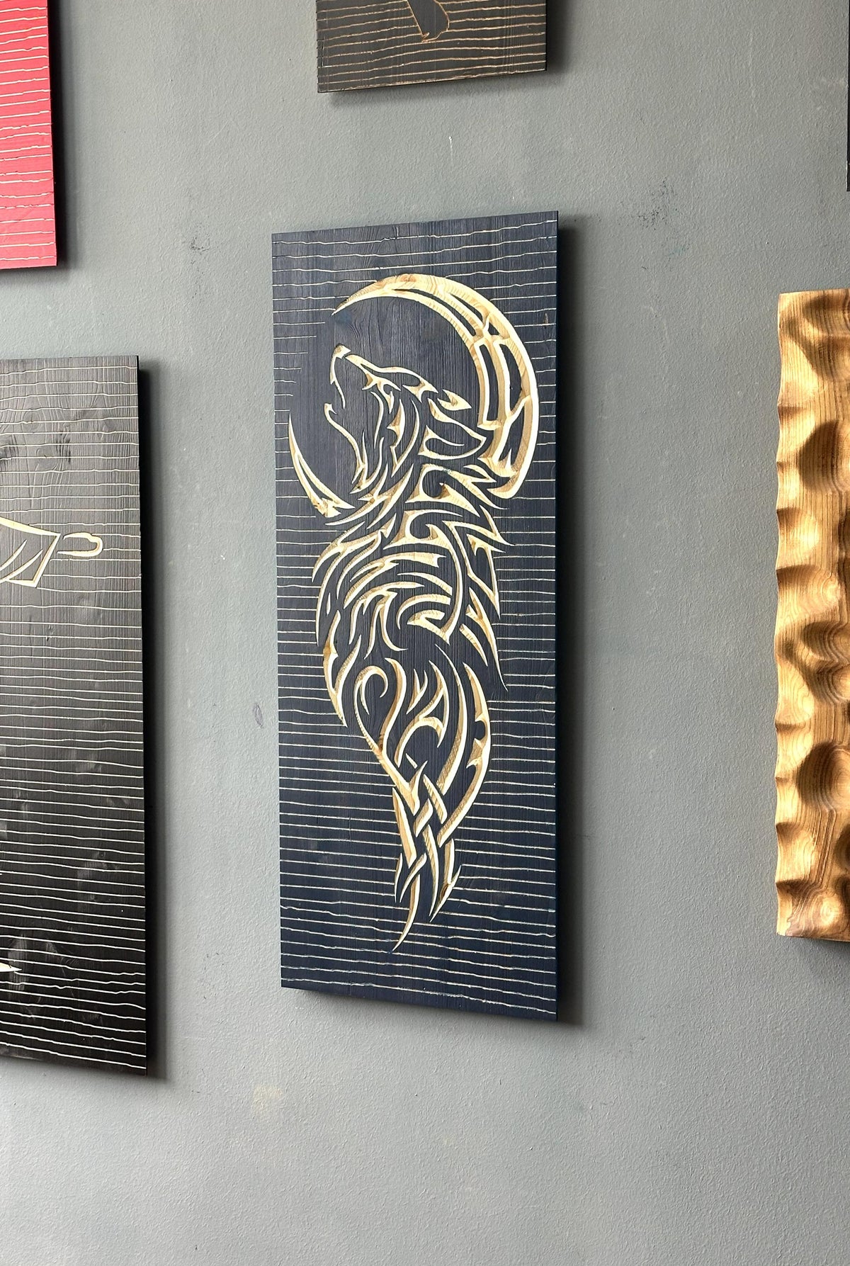 3d Carved Wolf and Moon Wooden Wall Hanging, Wood Wall Art