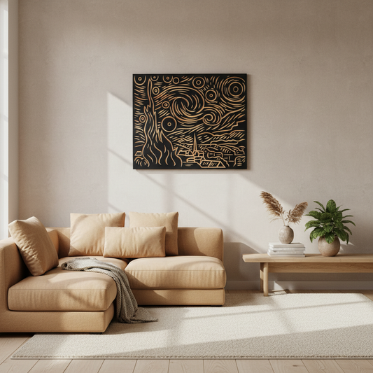 3D Wood Wall Art: Carved Starry Night Decor