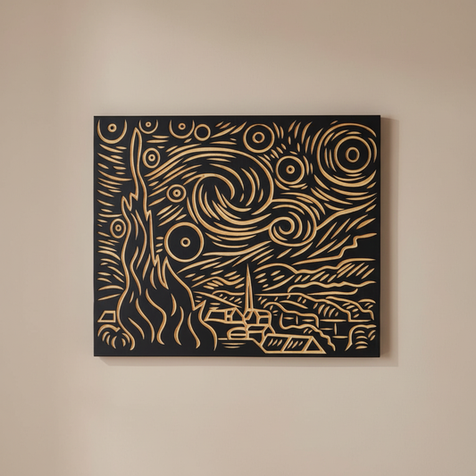 3D Wood Wall Art: Carved Starry Night Decor