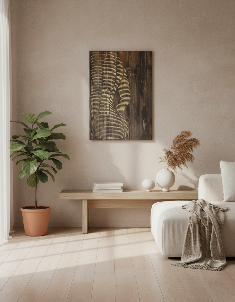 Engraved Wood Wall Art: Minimalist Woman Line Art
