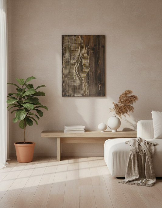 Engraved Wood Wall Art: Minimalist Woman Line Art