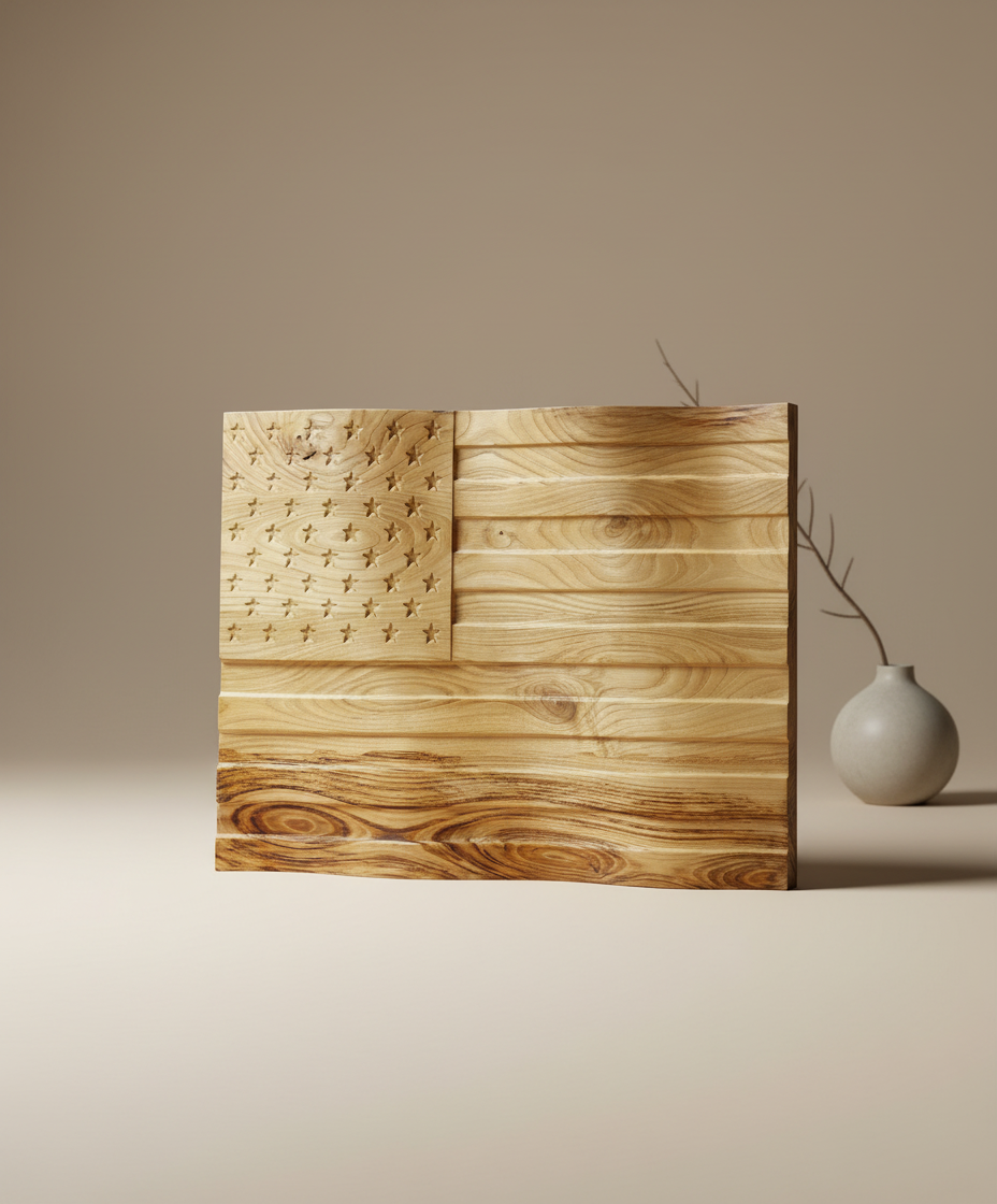 3D Carved Chestnut Wood American Flag Wall Art