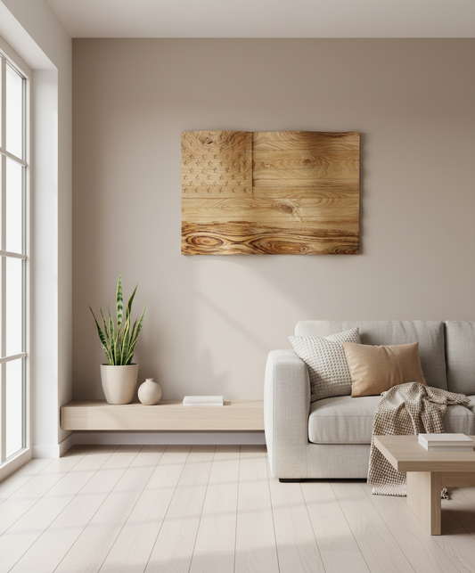 3D Carved Chestnut Wood American Flag Wall Art