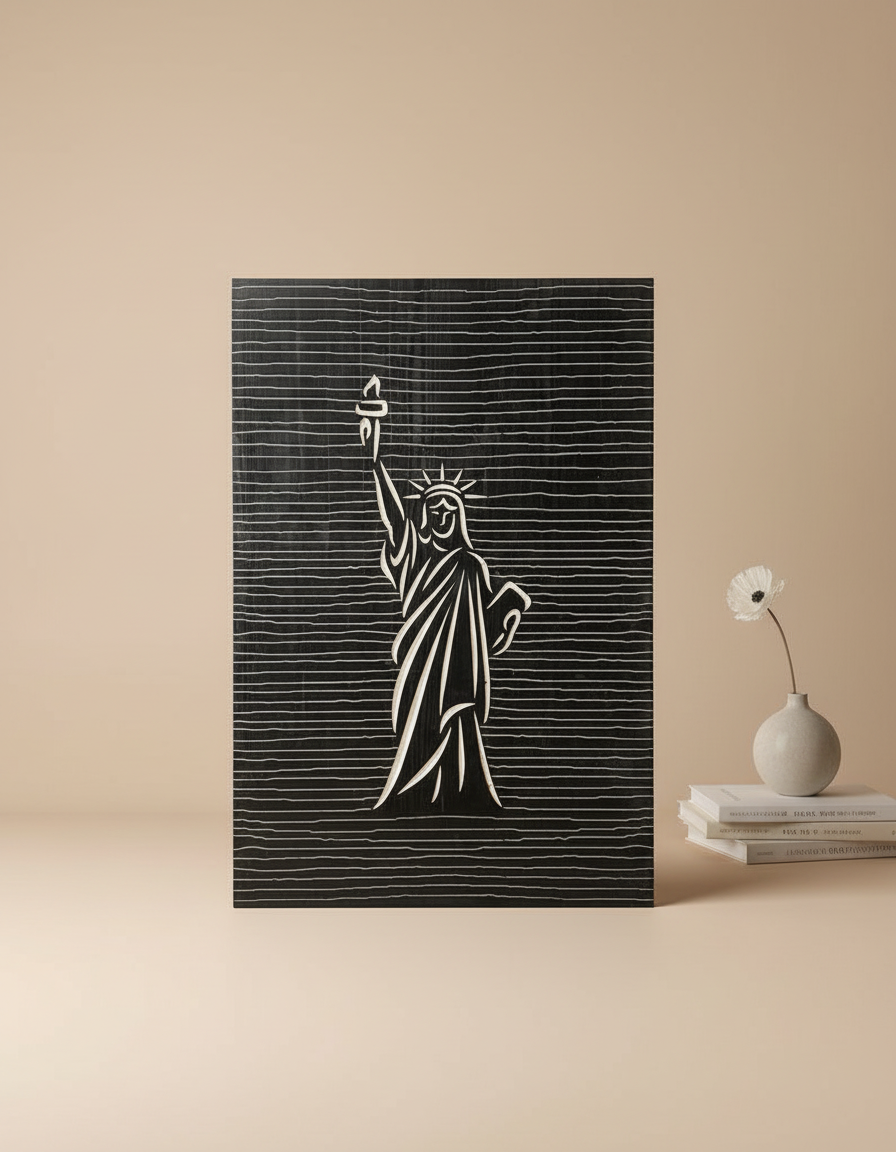 Liberty Statue Line Art - 3D Carved Wooden Wall Decor