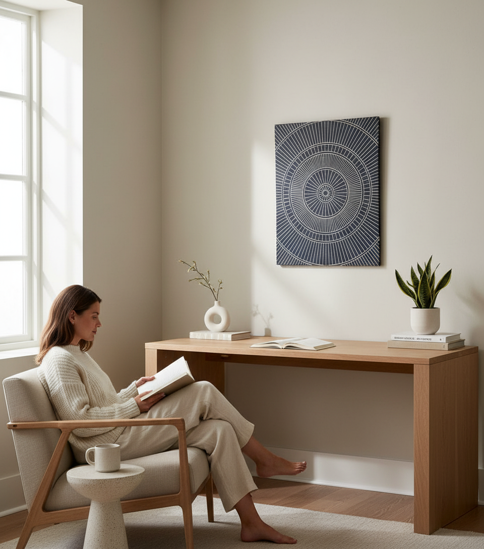 Hand-Carved Wood Line Art: Geometric Wall Hanging - Black & Gold