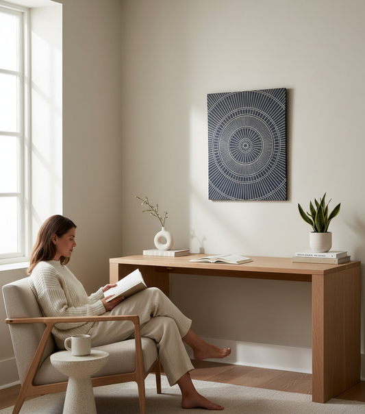 Hand-Carved Wood Line Art: Geometric Wall Hanging - Black & Gold