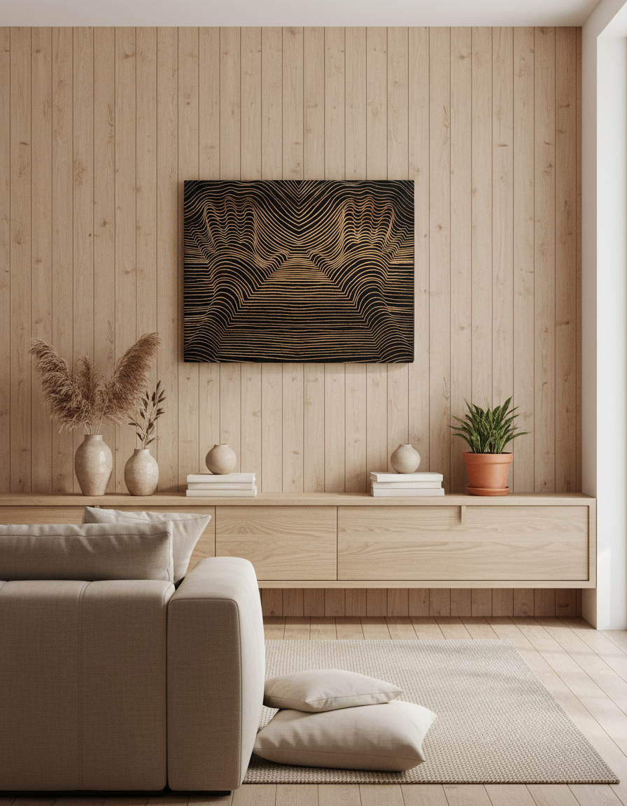 3D Carved Wood Wall Panel: Rustic Modern Line Art