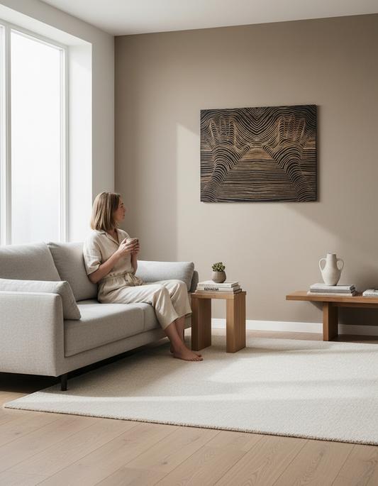 3D Carved Wood Wall Panel: Rustic Modern Line Art