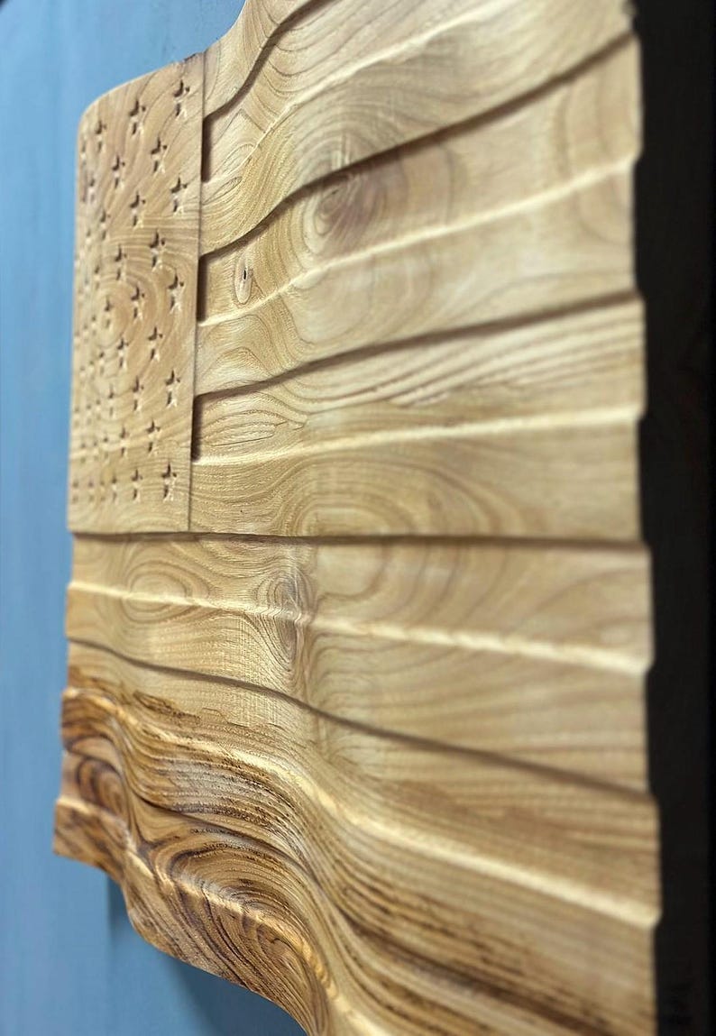 3D Carved Chestnut Wood American Flag Wall Art