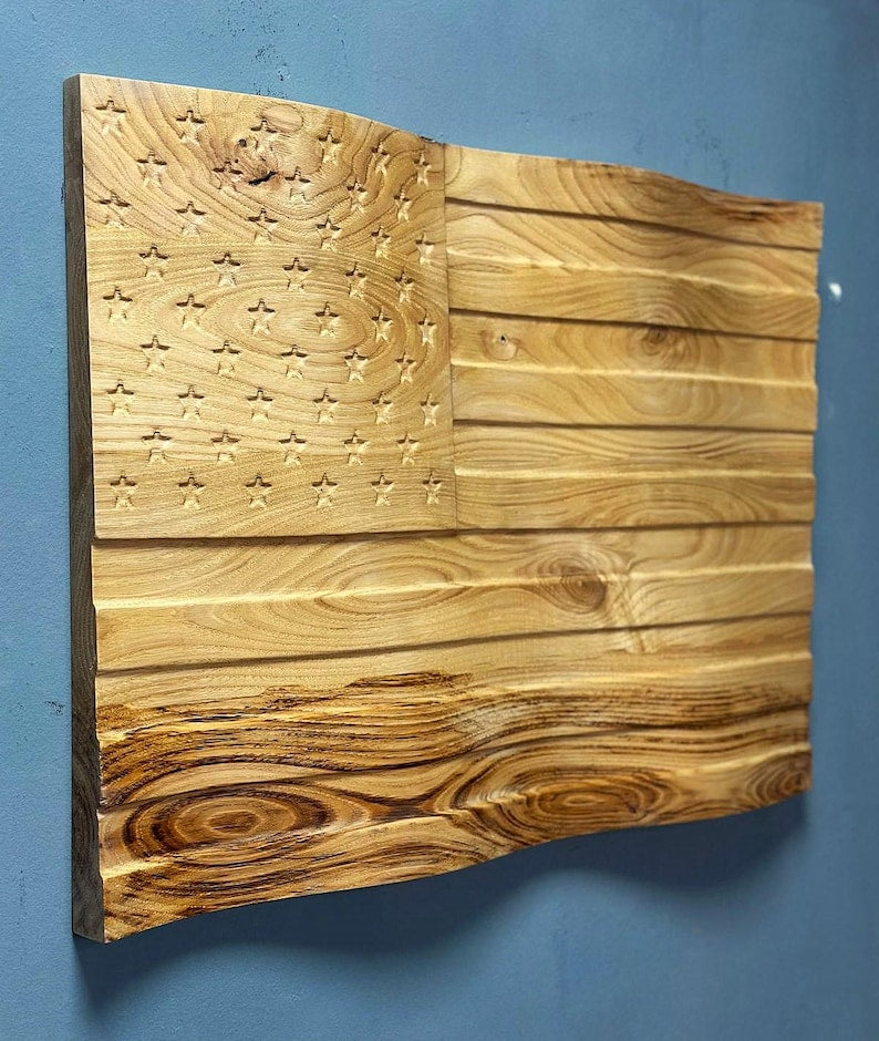 3D Carved Chestnut Wood American Flag Wall Art