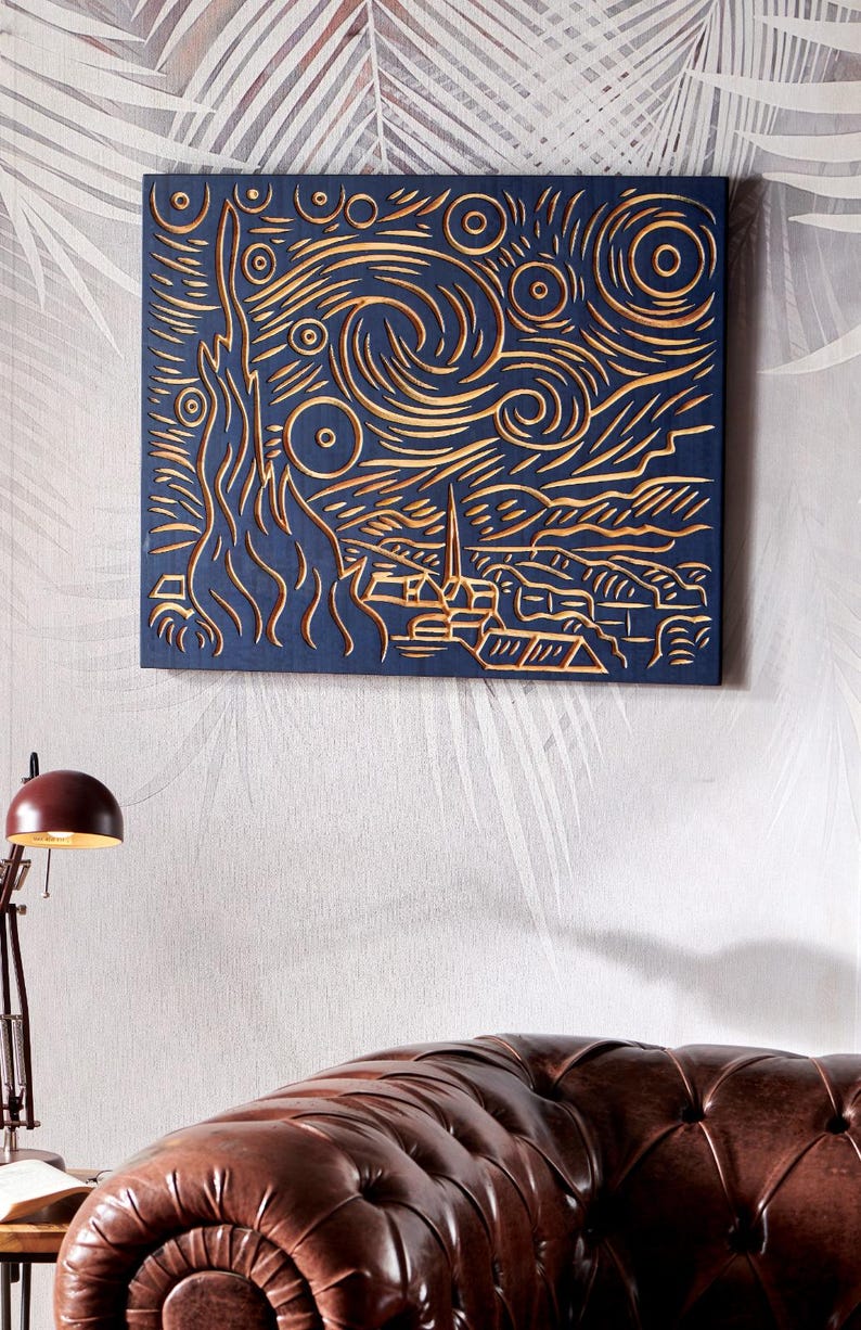 3D Wood Wall Art: Carved Starry Night Decor
