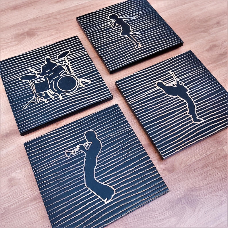 Line Art Music Band Wooden Wall Decor - Set of 4