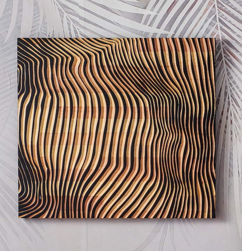 3D Carved Wood Wall Art: Abstract Line Design