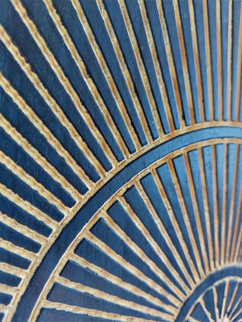 Hand-Carved Wood Line Art: Geometric Wall Hanging - Black & Gold