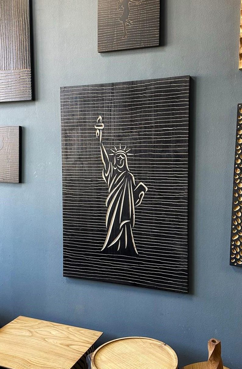 Liberty Statue Line Art - 3D Carved Wooden Wall Decor