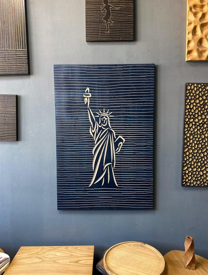 Liberty Statue Line Art - 3D Carved Wooden Wall Decor
