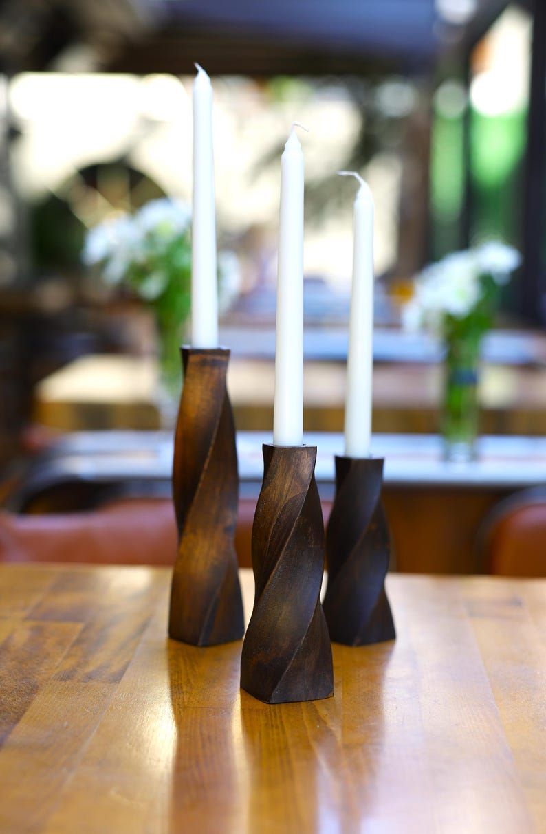 Geometric Carved Candle Holders – Set of 3 Chestnut Wood Pieces