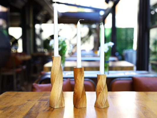 Geometric Carved Candle Holders – Set of 3 Chestnut Wood Pieces