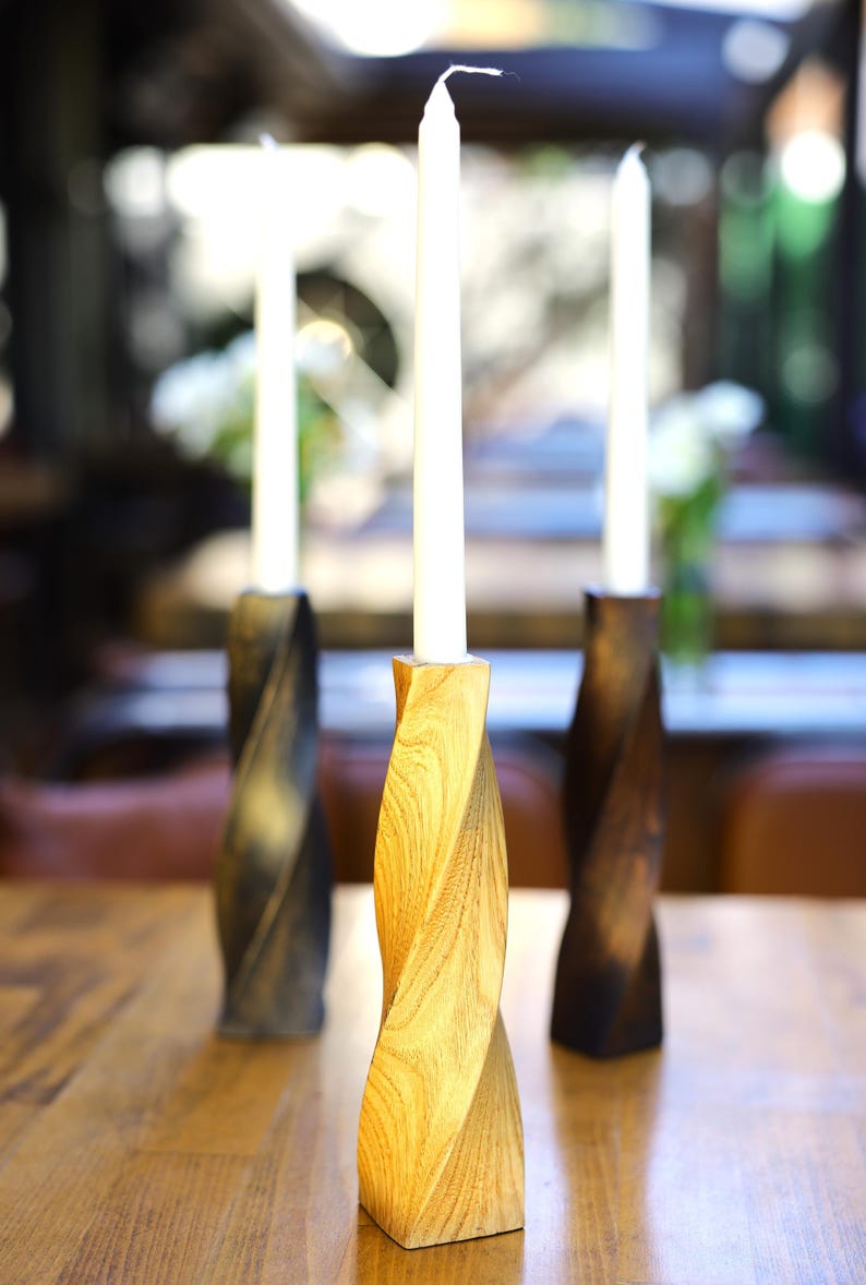 Geometric Carved Candle Holders – Set of 3 Chestnut Wood Pieces