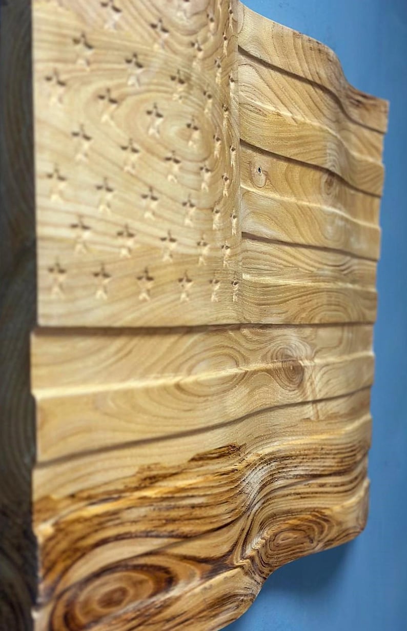 3D Carved Chestnut Wood American Flag Wall Art