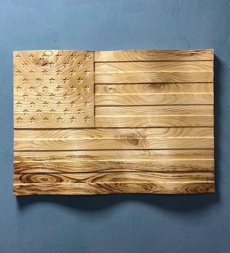 3D Carved Chestnut Wood American Flag Wall Art