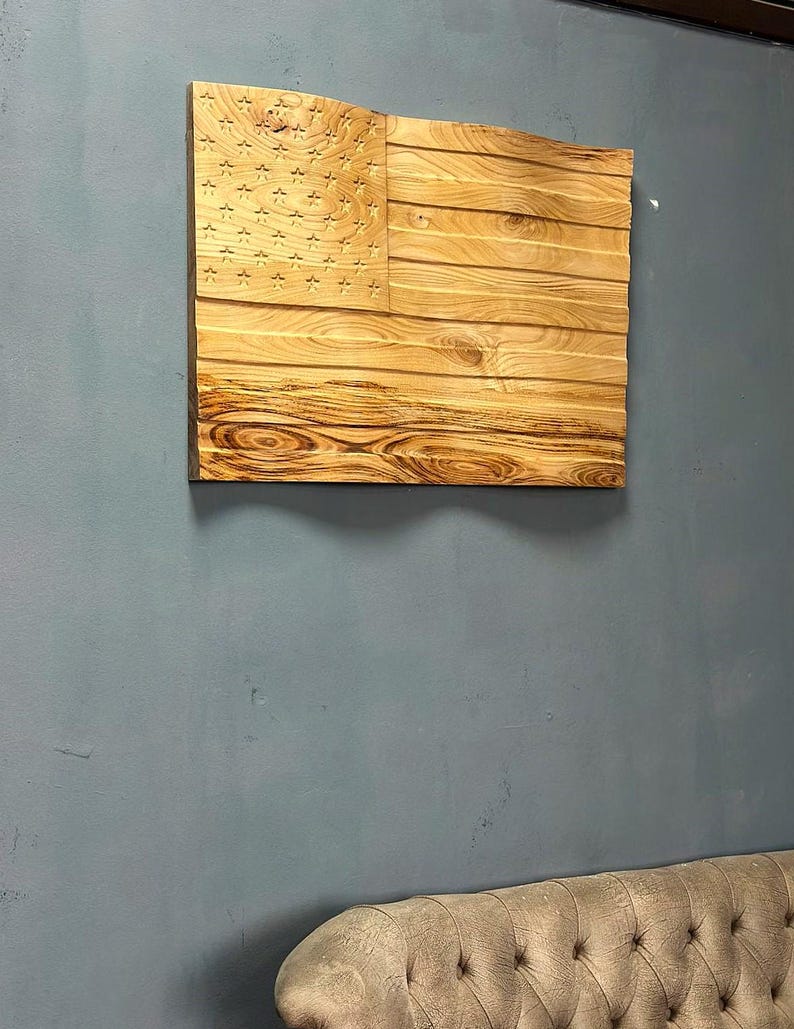 3D Carved Chestnut Wood American Flag Wall Art