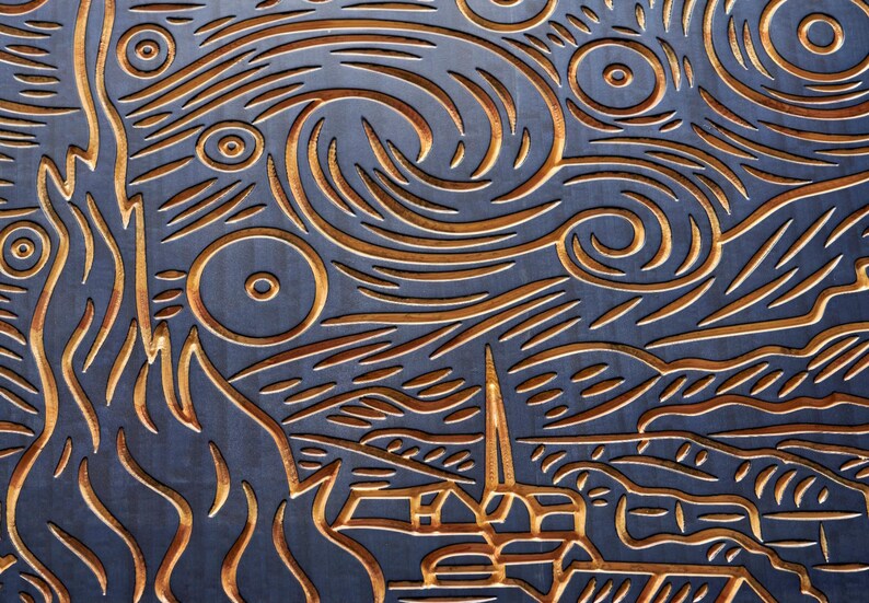 3D Starry Night Wood Wall Art: Hand-Carved Van Gogh Inspired Decor