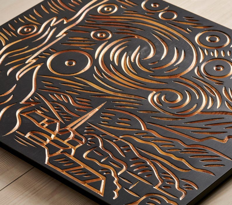 3D Starry Night Wood Wall Art: Hand-Carved Van Gogh Inspired Decor