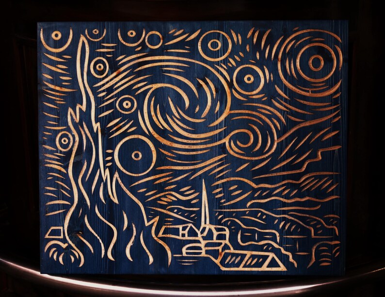 3D Starry Night Wood Wall Art: Hand-Carved Van Gogh Inspired Decor