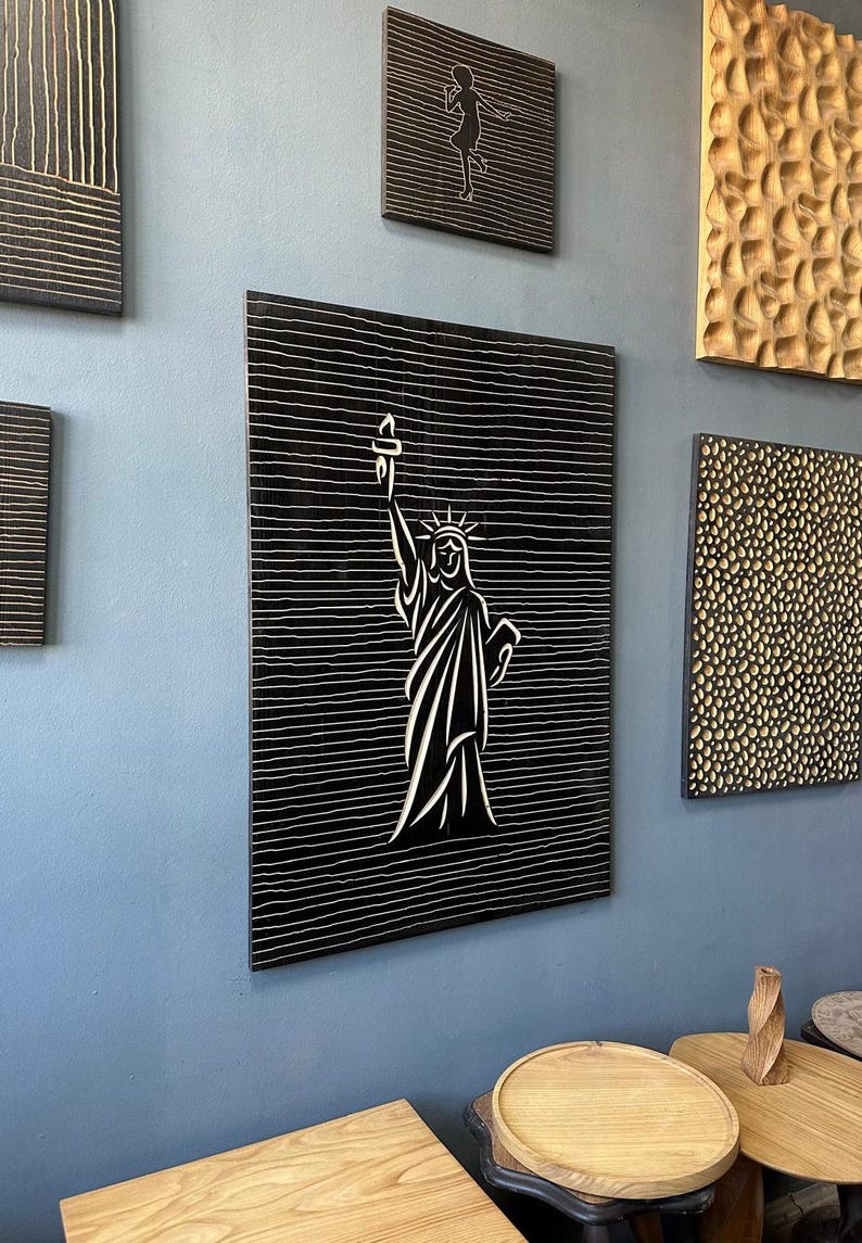 Liberty Statue Line Art - 3D Carved Wooden Wall Decor
