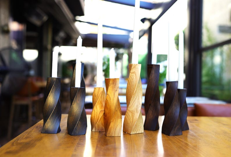 Geometric Carved Candle Holders – Set of 3 Chestnut Wood Pieces