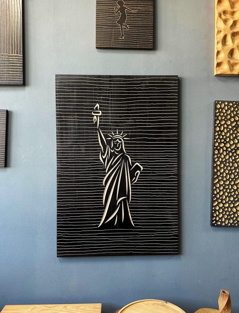 Liberty Statue Line Art - 3D Carved Wooden Wall Decor