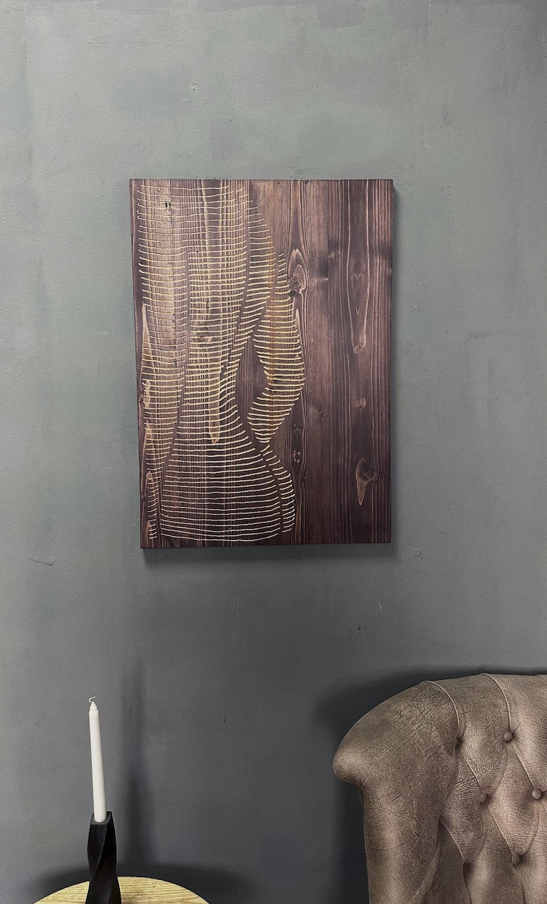 Engraved Wood Wall Art: Minimalist Woman Line Art