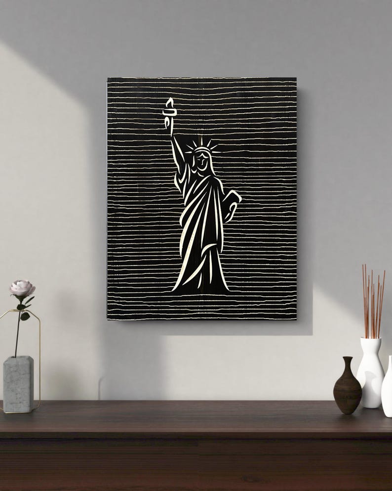 Liberty Statue Line Art - 3D Carved Wooden Wall Decor