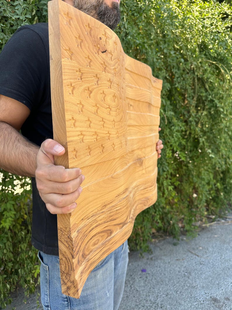 3D Carved Chestnut Wood American Flag Wall Art