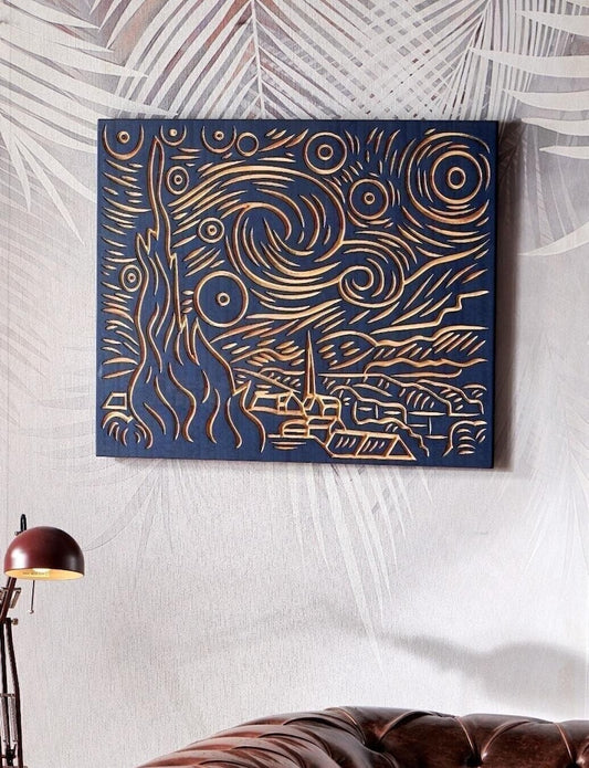 3D Starry Night Wood Wall Art: Hand-Carved Van Gogh Inspired Decor