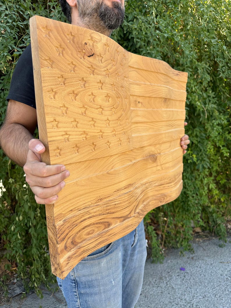 3D Carved Chestnut Wood American Flag Wall Art