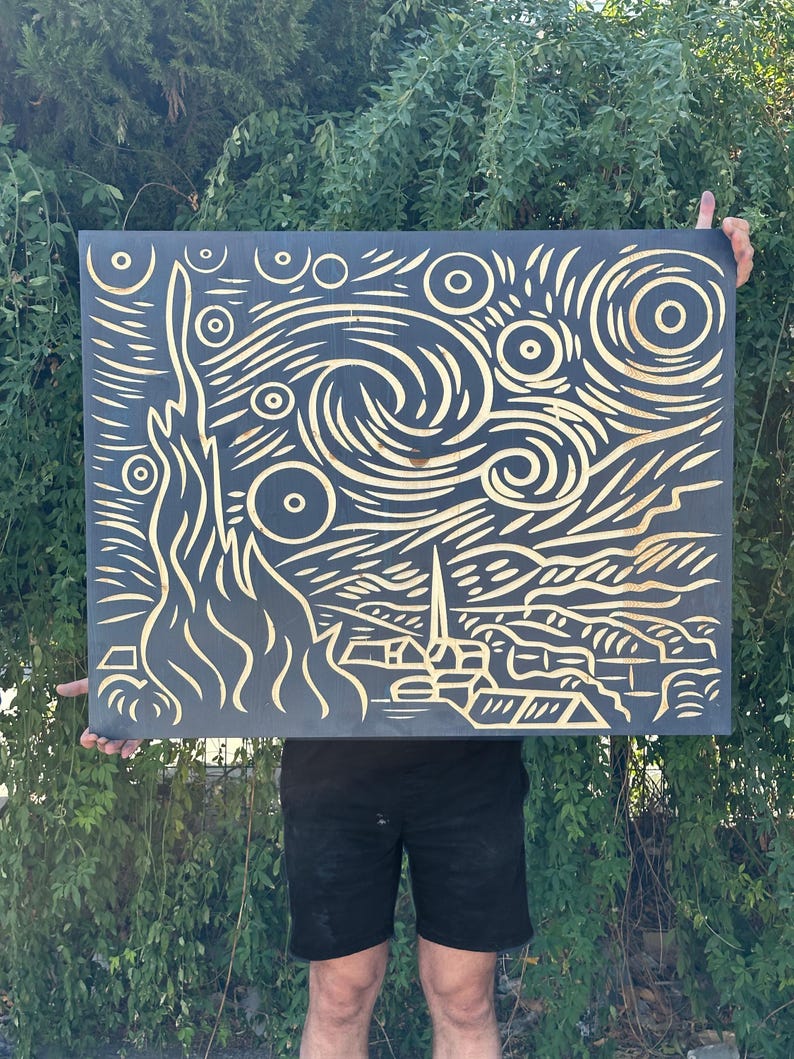 3D Wood Wall Art: Carved Starry Night Decor