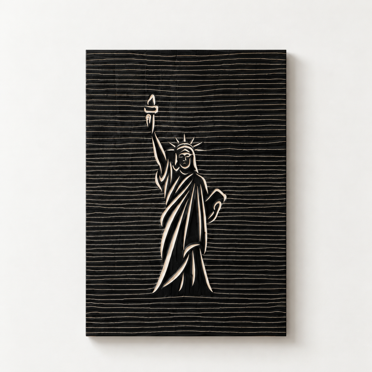 Liberty Statue Line Art - 3D Carved Wooden Wall Decor — front view on a light grey wall with a natural shadow