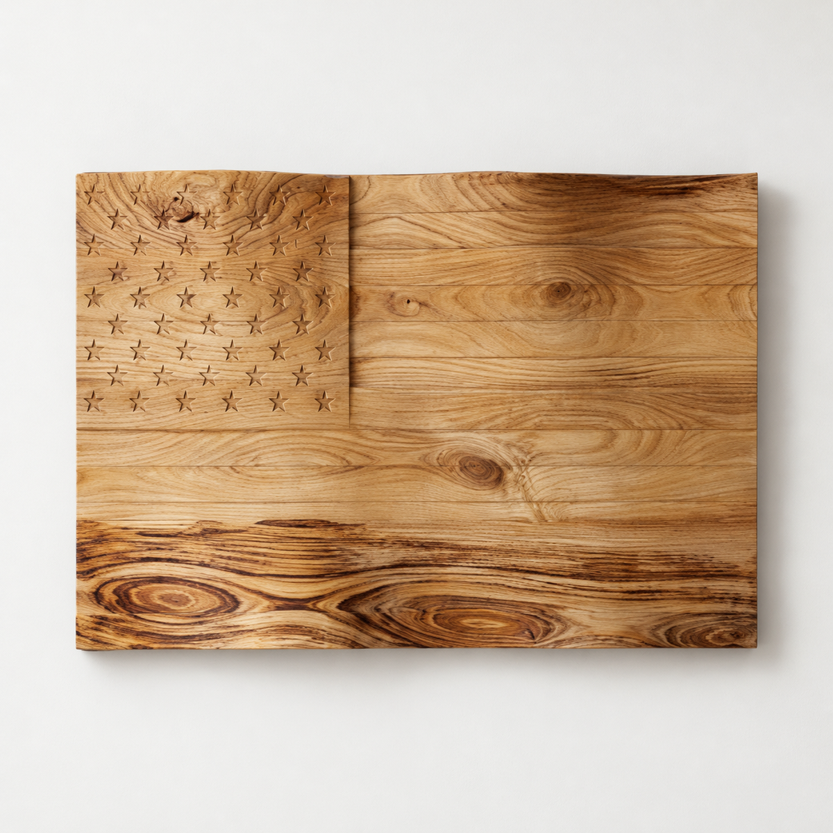 Patriotic Wooden Wall Flag – 3D Carved American Flag Decoration — front view on a light grey-white wall with a natural shadow