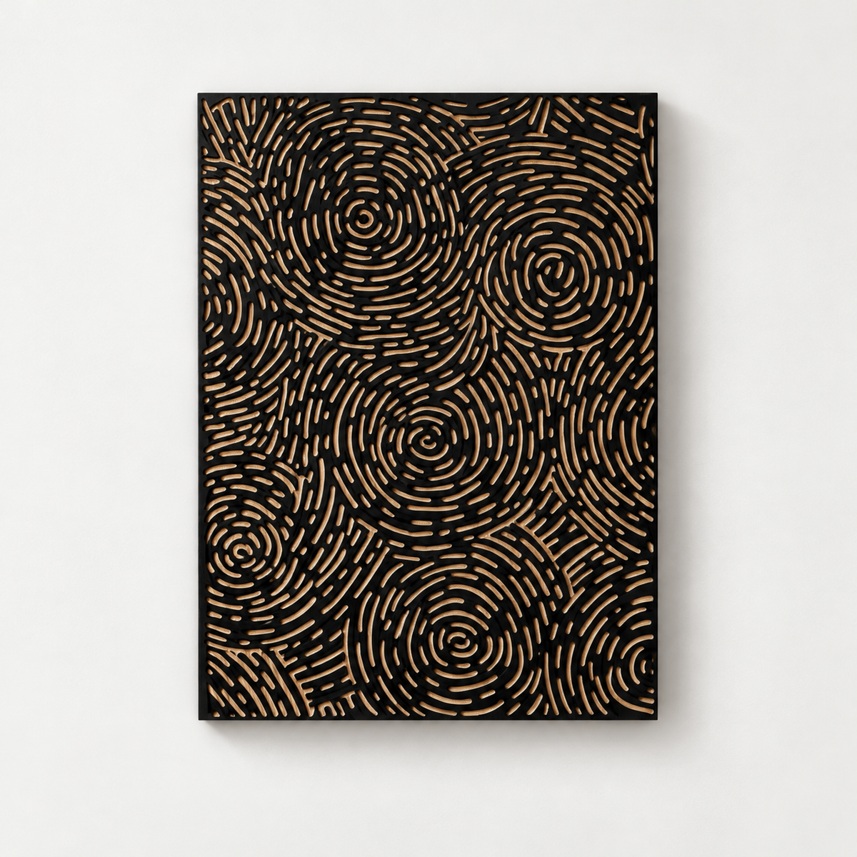 3D Wood Carved Wall Art: Vortex Design, Modern Wall Decor — front view on a light grey wall with a natural shadow