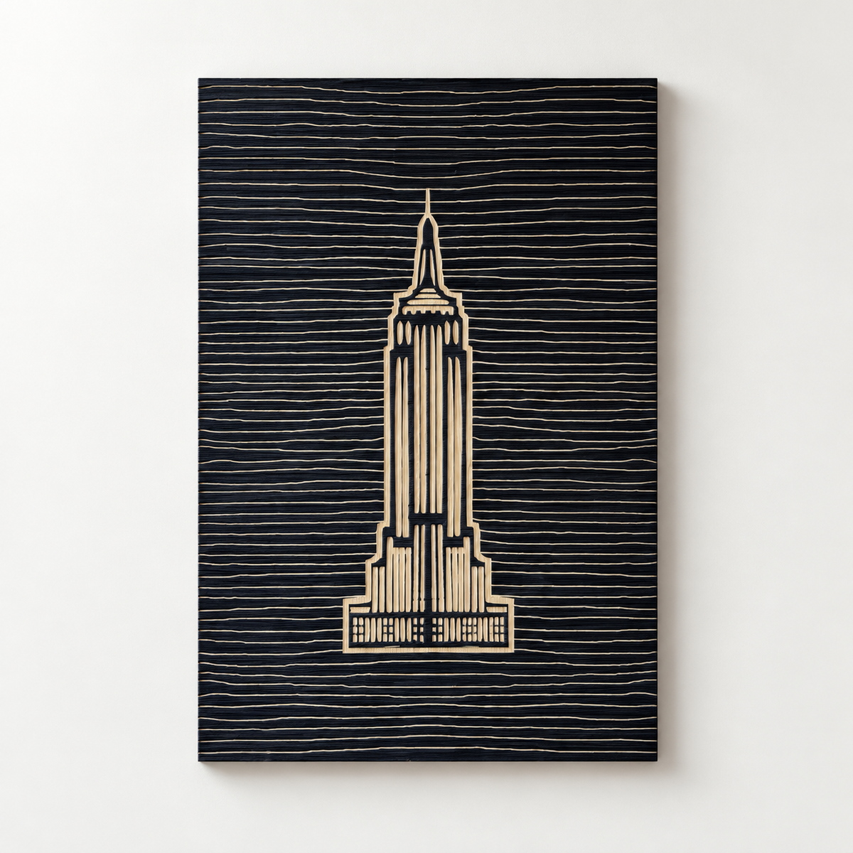 3D Engraved Empire State Building Wood Wall Art Panel — front view on a light grey wall with a natural shadow